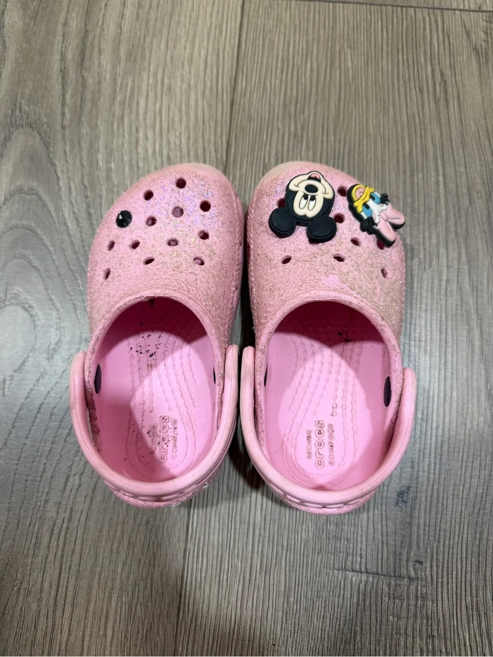 CROCS Kids Pink Glitter Classic Clogs with Character Jibbitz